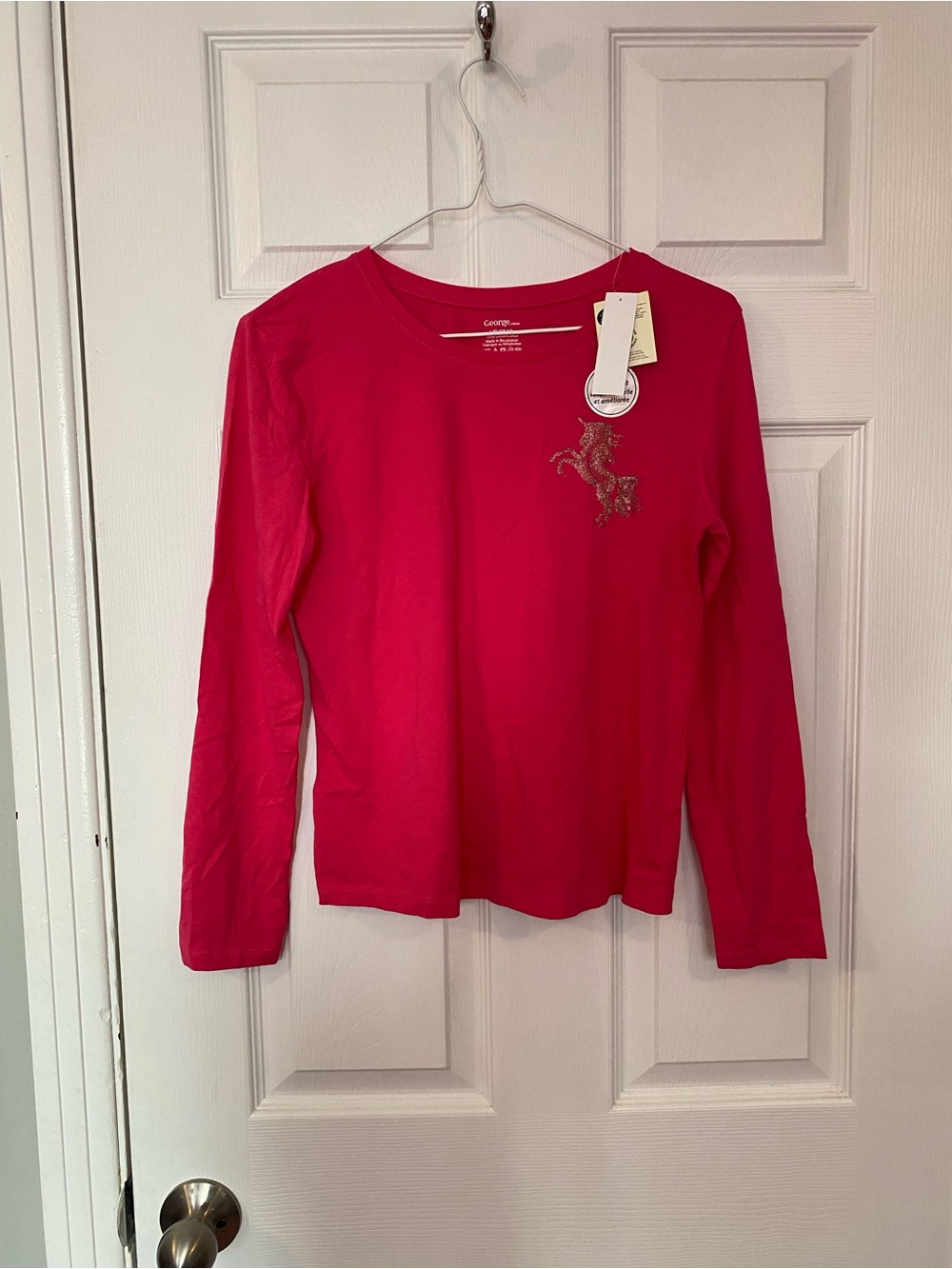 George Girls Pink Long Sleeve Unicorn Glitter Graphic T-Shirt Size L 10-12 NWT